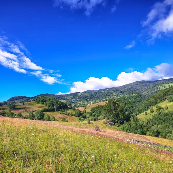 Ormanlık tepeler ve samanlık ile güzel kırsal manzara