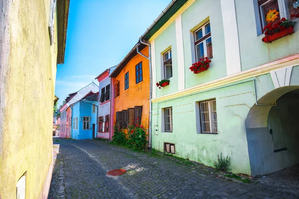 taş ortaçağ cit renkli evler ile eski sokakları döşeli