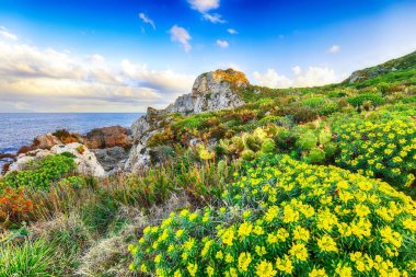 Natur cape Milazzo panorama üzerinde dramatik bahar günbatımı