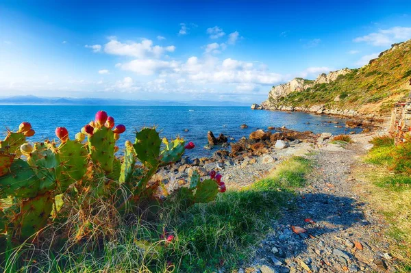 Dramatyczny wiosenny zachód słońca na przylądku Milazzo Panorama Natur — Zdjęcie stockowe