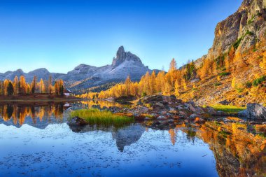 Muhteşem sonbahar manzarası. Sabahın erken saatlerinde Federa Gölü manzarası