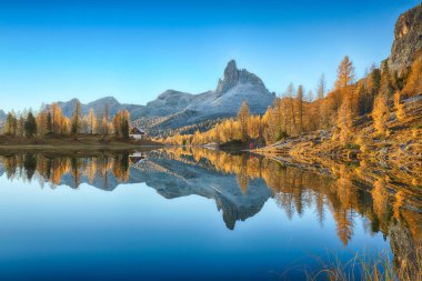 Federa Gölü 'nün Dolomitlerdeki muhteşem sonbahar manzarası  