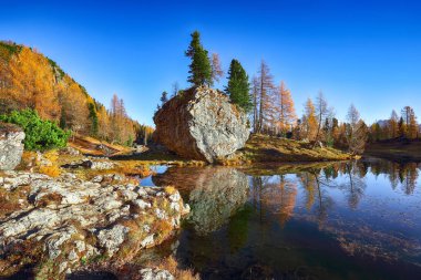 Federa Gölü 'nün Dolomitlerdeki muhteşem sonbahar manzarası