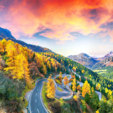 Sonbahar zamanı Maloja 'nın muhteşem geçiş yolu manzarası. İsviçre Alpleri 'nin renkli sonbahar sahnesi. Konum: Maloya geçidi, Motor bölgesi, Grisons kantonu, İsviçre, Avrupa.