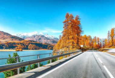 Sils Gölü 'ndeki (Silsersee) fantastik sonbahar sahnesi ve sahildeki asfalt yol. İsviçre Alpleri 'nin renkli sonbahar sahnesi. Konum: Maloya, Engadine bölgesi, Grisons kantonu, İsviçre, Avrupa.