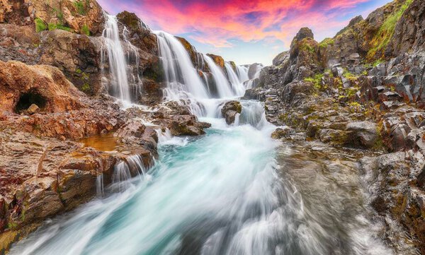 Breathtaking view of  Kolufossar waterfall at sunset.  Popular tourist travel destination in Iceland . Location: Kolufossar waterfall, Vestur-Hunavatnssysla, Iceland, Europe