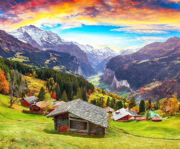 Jungfru山と背景に絵のように美しい高山Wengen村とLauterbrunnenバレーの素晴らしい秋の景色 所在地 ヨーロッパ スイス ベルナー オーバーランドのヴェンゲン村 — ストック写真