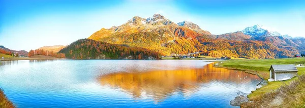 Awesome Autumn Panorama Silvaplana Lake Surlej Village Location Silvaplana Maloya — Stock Photo, Image