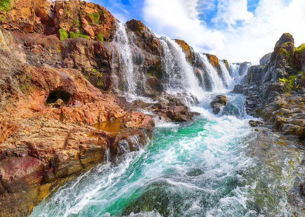 Captivating view of  Kolufossar waterfall at summer sunny day.  Popular tourist travel destination in Iceland . Location: Kolufossar waterfall, Vestur-Hunavatnssysla, Iceland, Europe