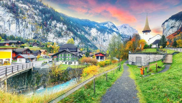 Dramatic Autumn View Lauterbrunnen Village Swiss Alps Background Location Lauterbrunnen — Stock Photo, Image