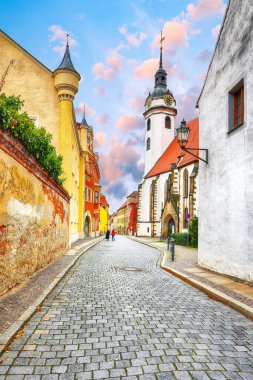 Stadtkirche Sankt Marien Kilisesi 'nin büyüleyici sonbahar manzarası. Elbe kıyısındaki Torgau kasabasının resimli görüntüsü. Konum: Torgau, Kuzeybatı Saksonya, Almanya, Europ