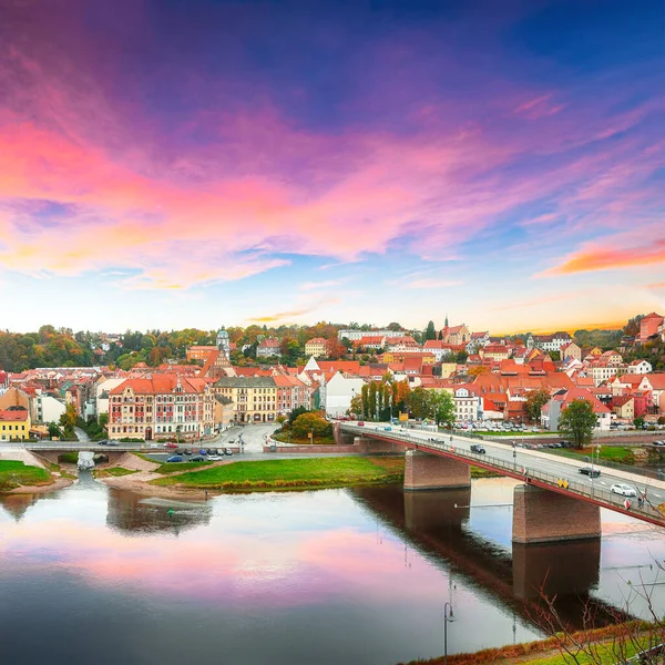 在易北河上的梅森镇的城市景观上 日落的景色非常迷人 Meissen Saxony Germany Europe — 图库照片