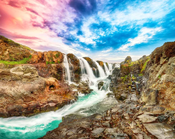 Drámai Kilátás Kolufossar Vízesésre Naplementekor Népszerű Turista Úti Cél Izlandon — Stock Fotó