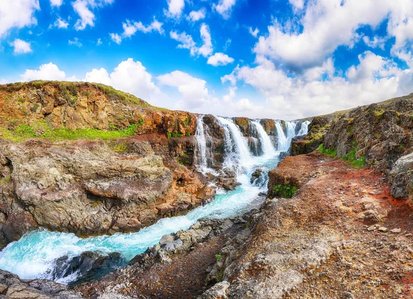 Fantastiska Kolufossar Vattenfall Sommaren Solig Dag Populära Turistmål Island Plats — Stockfoto