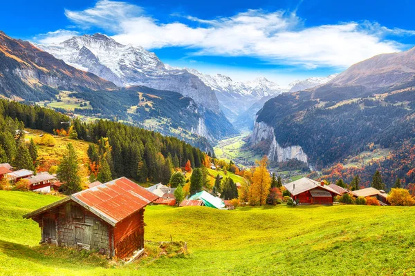 Jungfrau Dağı Arka Planında Muhteşem Bir Sonbahar Manzarası Olan Wengen — Stok fotoğraf