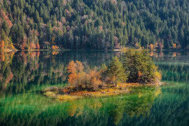 Eibsee gölünün ortasında çam ağaçları olan adaların muhteşem sonbahar manzarası. Konum: Eibsee Gölü, Garmisch-Partenkirchen, Bavyera Eyaleti, Almanya, Avrupa