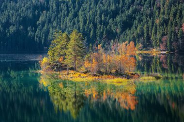 Eibsee gölünün ortasında çam ağaçları olan adaların muhteşem sonbahar manzarası. Konum: Eibsee Gölü, Garmisch-Partenkirchen, Bavyera Eyaleti, Almanya, Avrupa