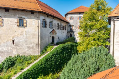 Slovenya 'daki Bled Gölü' ndeki ortaçağ şatosunun ön cephesi