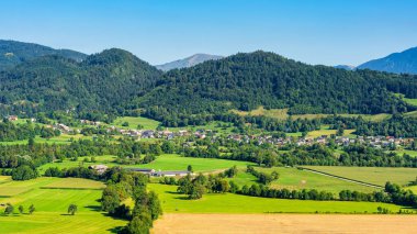 Slovenya 'nın yüksek dağların yanındaki yeşil vadilerdeki köylerin panoramik manzarası