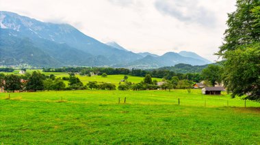 Slovenya 'nın Vintgar kentindeki yeşil çayır ve küçük kır evleri ile dağ manzarası.