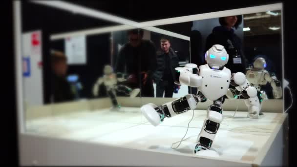 Lipetsk, Federação Russa - 25 de janeiro de 2018: Exposição de robôs. Robô de brinquedo balanceando em uma perna — Vídeo de Stock