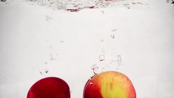 Zeitlupenvideo von rotem Apfel, der mit Blasen ins Wasser fällt. Früchte auf isoliertem weißem Hintergrund. — Stockvideo