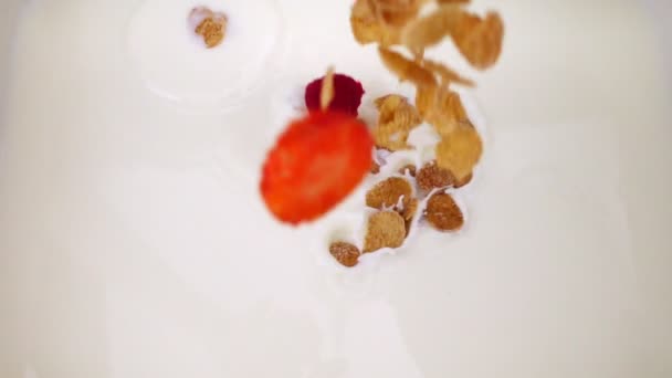 Stukjes vers fruit en cornflakes zijn met melk gegoten. Kiwi's, aardbeien en muesli in slow motion. — Stockvideo