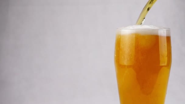 Светлое пиво разливается в стекло на белом фоне. Пена скользит вниз в замедленной съемке — стоковое видео