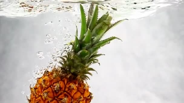 L'ananas tombe magnifiquement dans l'eau avec des bulles. Ananas sur fond blanc isolé au ralenti — Video