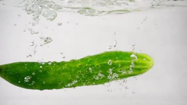Зеленый свежий огурец падает в воду на белом фоне — стоковое видео