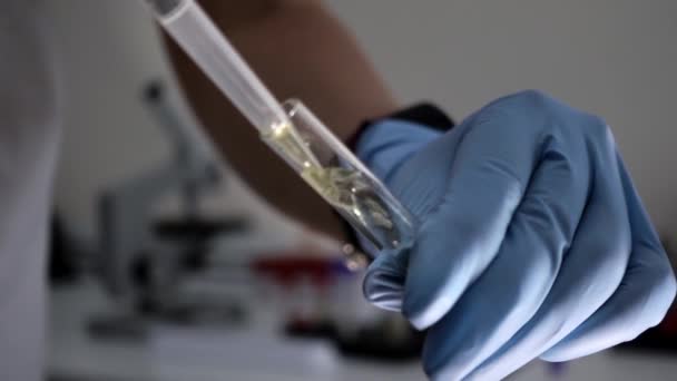 Laboratorietekniker häller i provrör av biologiskt material genom dispenser — Stockvideo
