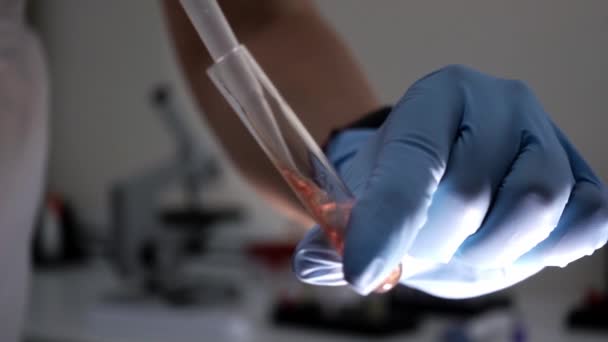 Técnico de laboratorio vierte rápidamente en tubo de ensayo de sangre centrífuga — Vídeo de stock
