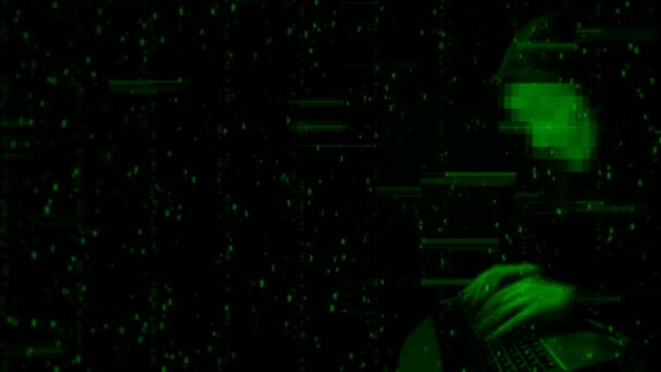 Зелені швидкі руки класичний хакер в капоті, що друкується на клавіатурі комп'ютера — стокове відео