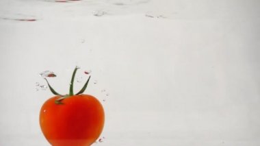 Suyun altında dönen bir dal parçasıyla olgun kırmızı domates beyaz bir arkaplan bıraktı.