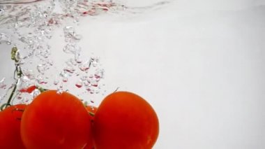 Kırmızı domatesler beyaz bir zemin üzerinde suyun üzerinde yüzüyor.