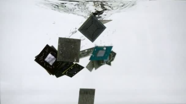 El microprocesador de la computadora cae en el agua, cámara lenta — Vídeo de stock