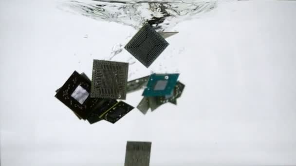 Computer micro processor fall into the water, slow motion — Stock Video