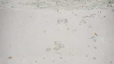 Üç mantar şampiyonu yavaşça kaynayan suya batıyor, yavaş çekim yakın çekim.