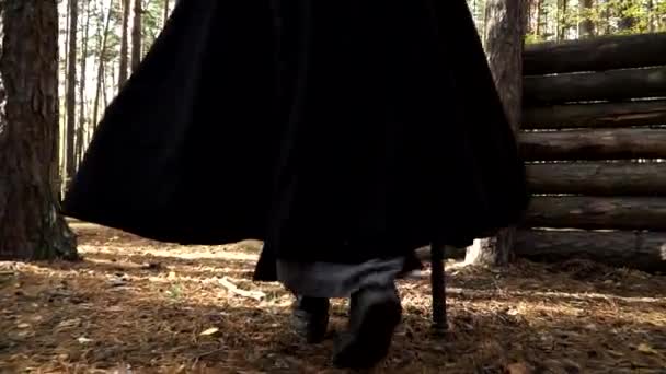Az ember, aki Larp-ot játszik, fekete köpenyt visel és az erdőben sétál. — Stock videók