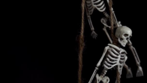 Colgando de la garganta esqueletos de juguete sobre un fondo negro decoración de Halloween — Vídeos de Stock