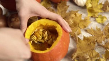 Cadılar Bayramı feneri süslemesi için kaşık ile kabak tohumlarını çıkarıyorum.