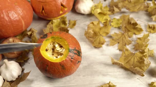 Cortar el interior de una calabaza para una decoración de linterna de Halloween — Vídeos de Stock