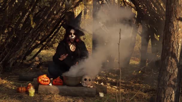 Čarodějka provádí magický rituál v podzimním lese — Stock video