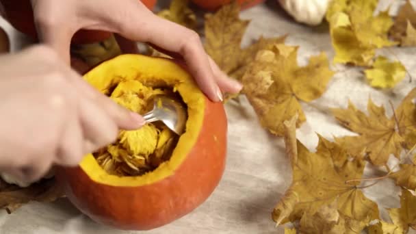 Woman takes away pumpkin seeds with the spoon at the wooden table — Stock Video