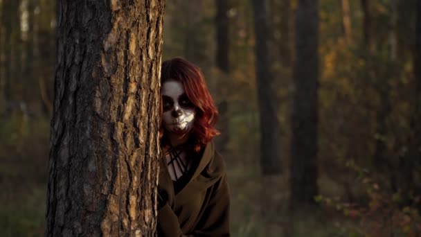 Strega con Santa Muerte trucco sta guardando fuori dall'albero nella foresta — Video Stock