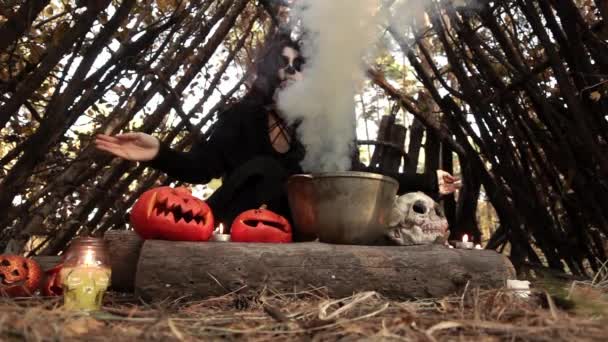 Čarodějnice v černém plášti prudce zvedá ruce nad kouřící konvici — Stock video