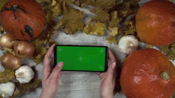 Mujer está sosteniendo teléfono inteligente con pantalla verde y hace gestos de juego — Vídeo de stock