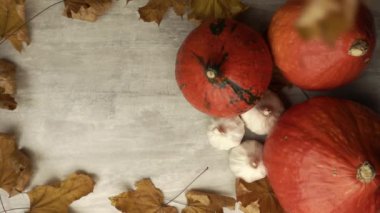 Kuru akçaağaç yapraklarının üst görüntüsü yavaş çekimde balkabaklarıyla masaya düşüyor.