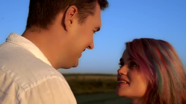 Een man en een vrouw staan in slow motion in een zomerveld te praten en te kussen. — Stockvideo