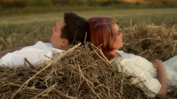 Homem e mulher estão deitados no palheiro e conversando no campo de verão reclinados na cabeça um do outro — Vídeo de Stock